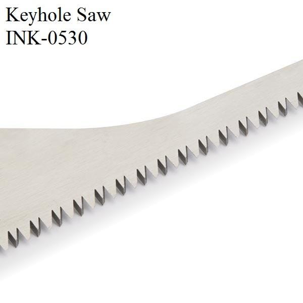 A close-up of a keyhole saw blade with sharp, pointed teeth made from high carbon steel, featuring model number INK-0530, is shown in the top left corner. The blade is part of the 6 Siblings Saws by Maru.