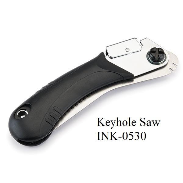 A sleek black and silver keyhole saw from Maru's "6 Siblings Saws by INK," labeled "INK-0530," stands out against a white background and features high carbon steel for durability.