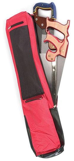 Two saws, one with a blue handle and another with a red handle, are partially placed inside the MARU Hand Saw Bag, which is colored red and black. This essential accessory for woodworking projects ensures that your tools remain organized.