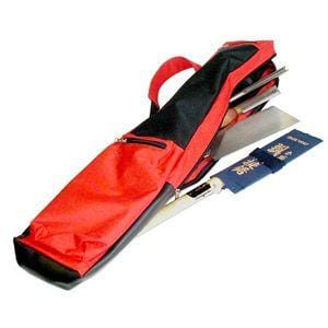 A Hand Saw Bag by MARU partially open, revealing archery equipment including arrows, a bow, and blue fabric with white text—ideal for those who value tool organization.