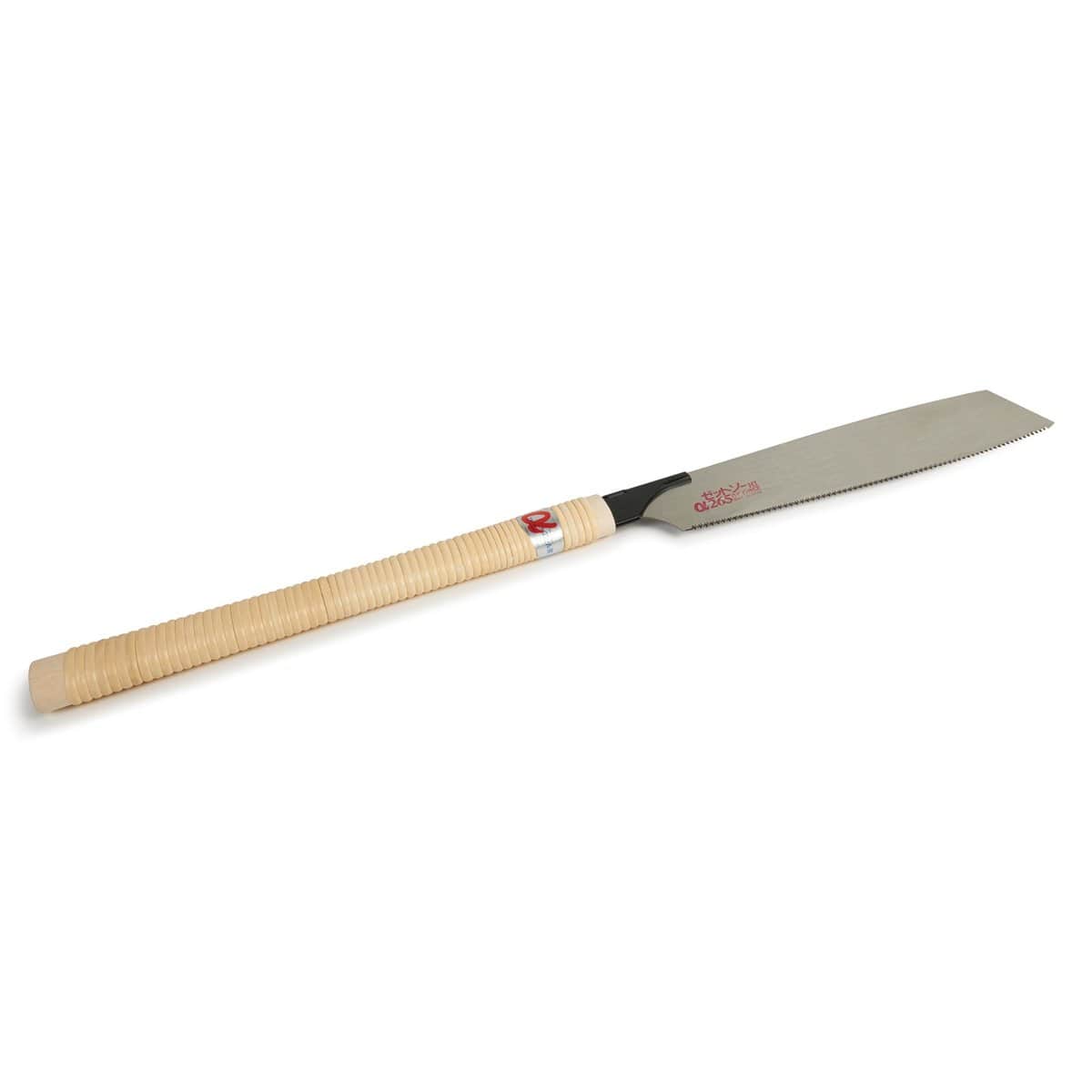 The Curved-Edge Z-Saw 265 by MARU features a 10 ½" curved blade with impulse-hardened teeth, a serrated edge, and a long wooden handle wrapped in light-colored material.
