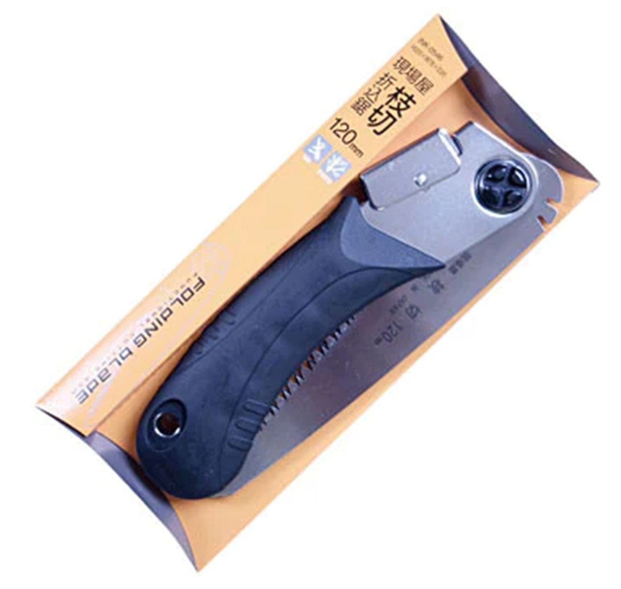 The 6 Siblings Saws by INK from Maru have a folding blade with a sleek black and silver handle crafted from high carbon steel, packaged in a yellow box adorned with numbers and characters.