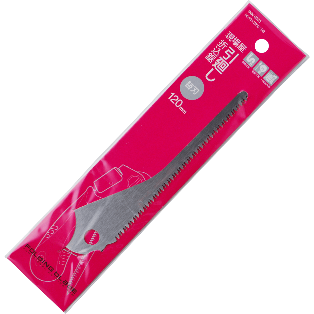 The 6 Siblings Saws by INK from Maru is a high carbon steel serrated saw blade, measuring 120mm. It's encased in a pink and white plastic package labeled in Japanese, ideal for those valuing quality and durability with replaceable blades.