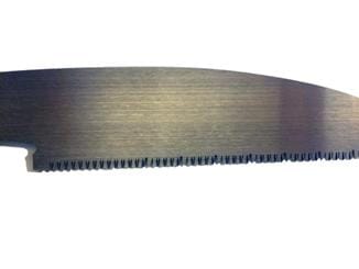 A close-up image of the MARU Rip/Cross/Dovetail Saw blade, with a slightly curved edge, reminiscent of the precision found in high-quality serrated knives.