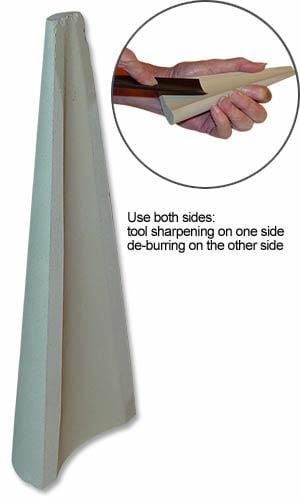 MARU Cone Slip Stone shown: one side sharpens tools, the other de-burrs. Inset image displays hand using the stone to sharpen a gouge.