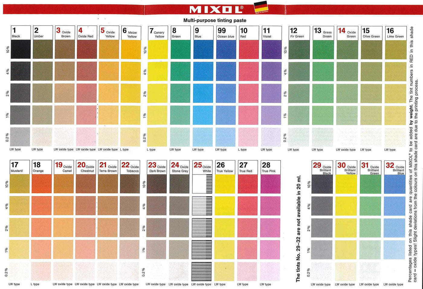 Color chart displaying various shades of Mixol Stains available from Mixol, numbered from 1 to 29. Each stain is presented in multiple gradients, indicating different intensities. Text in German included.