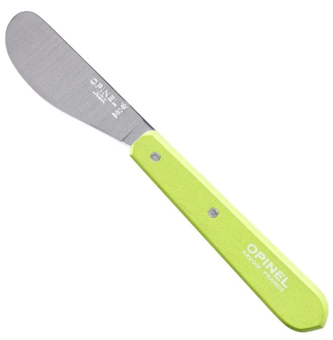 This Opinel Essential Spreading Knife boasts a lime green handle and is crafted from high carbon stainless steel. Engraved with "Opinel Savoie France," it offers a stylish yet functional design.