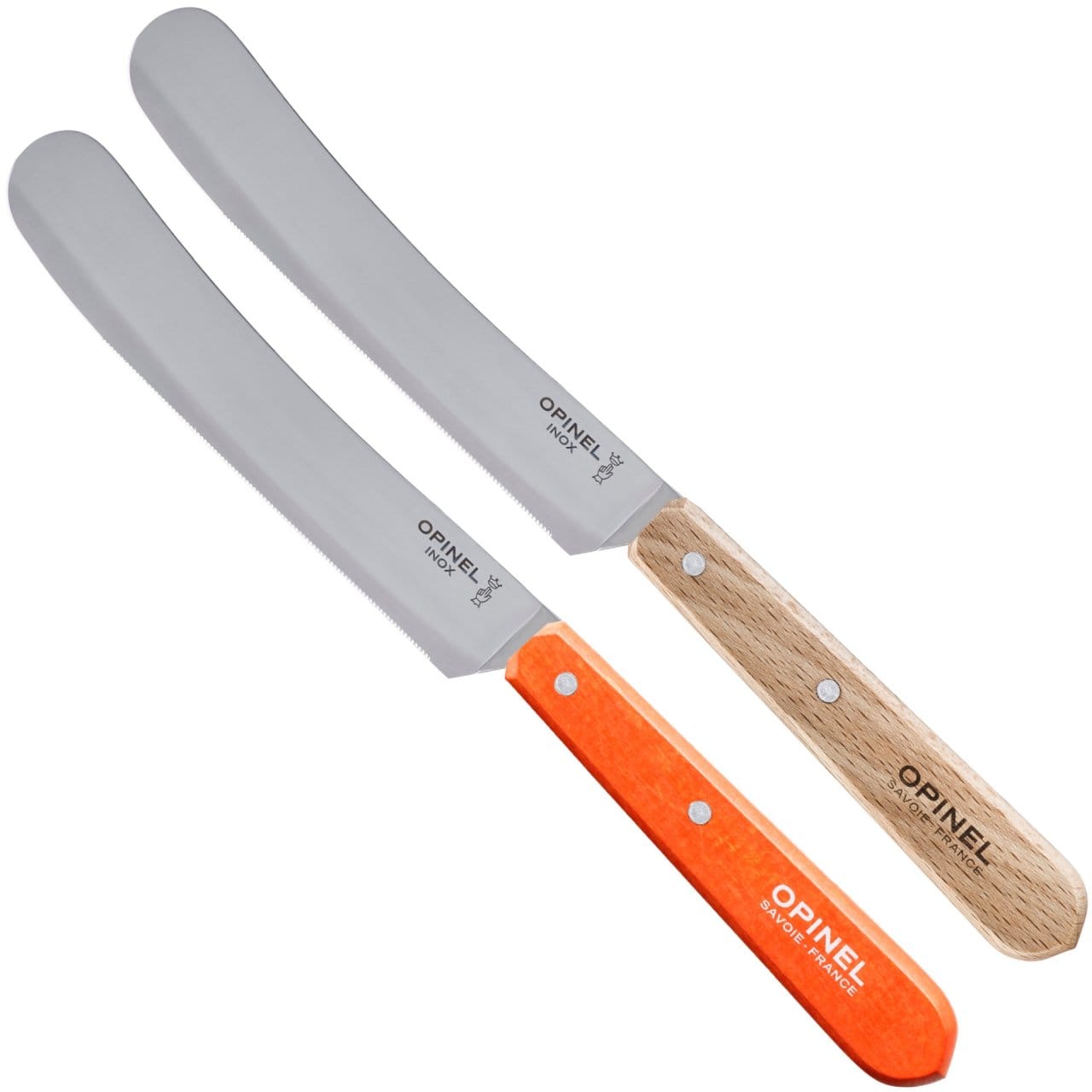 Two Opinel Brunch Spreading Knives with stainless steel blades, one featuring a natural wood handle and the other an orange handle, are arranged side by side.