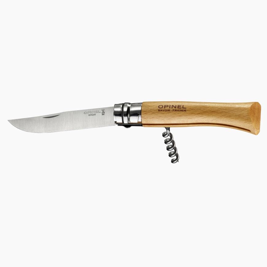 The KNIFE OPINEL CORKSCREW AND CHEESE KNIFE features a wooden handle and a visible corkscrew. The stainless steel blade proudly displays the brand name "Opinel.