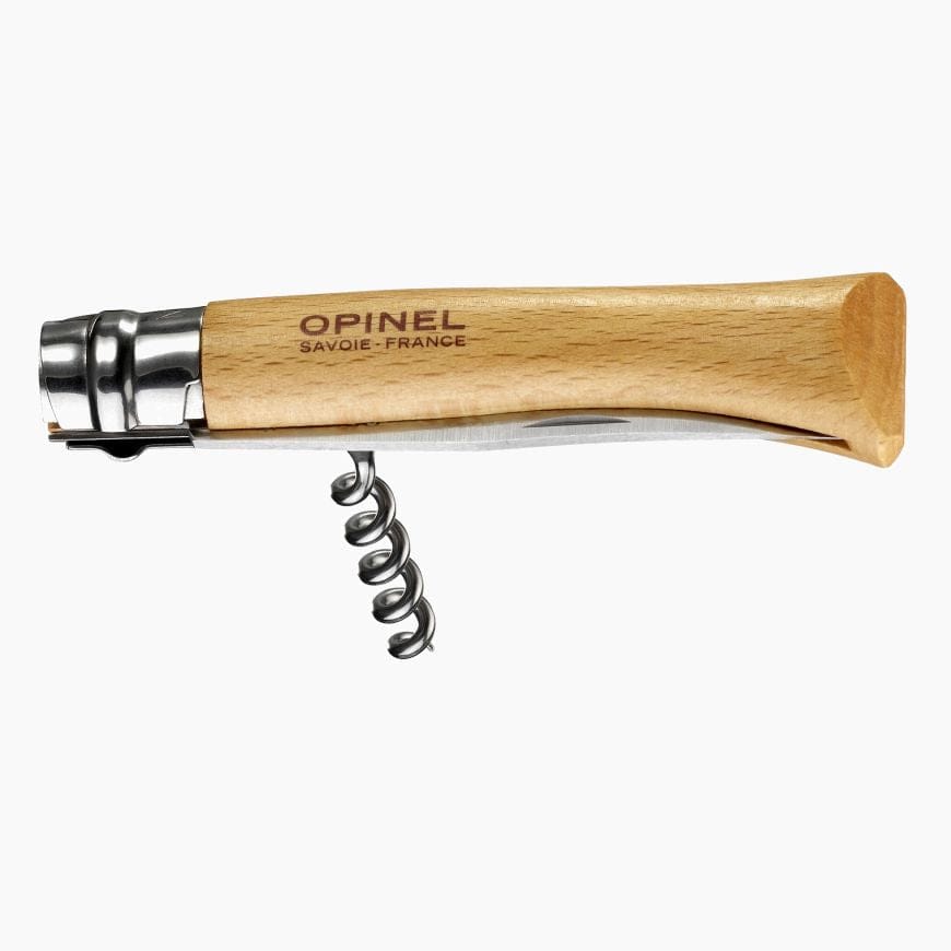 An Opinel Knife Corkscrew and Cheese Knife, featuring a wooden handle with "Opinel Savoie-France" engraved on it. The professional-quality corkscrew is extended, while the stainless steel blade is folded into the handle.