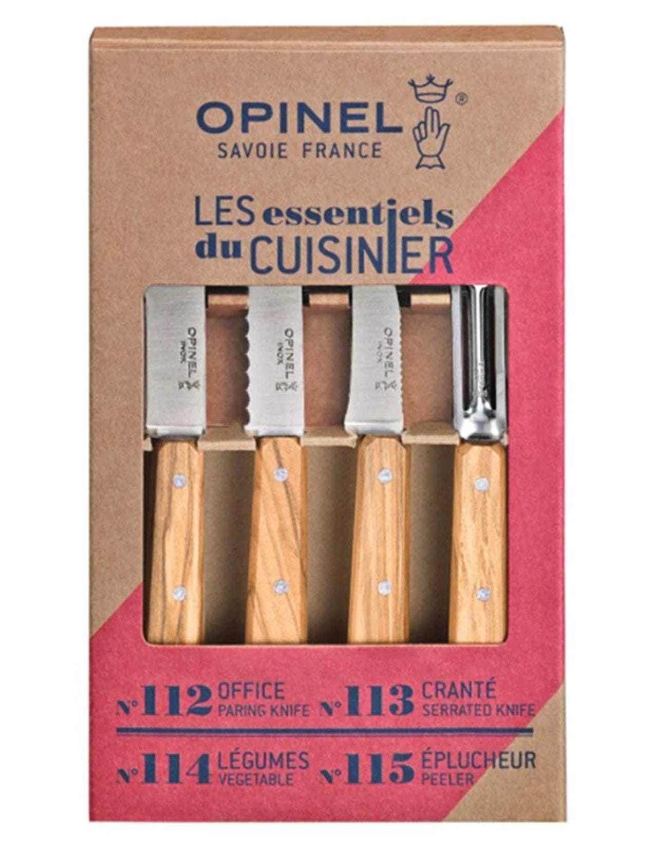 The Shelter Institute Opinel Small Kitchen Essentials set includes a paring knife, serrated knife, vegetable knife, and peeler with wooden handles in brown and red packaging featuring French and English text.