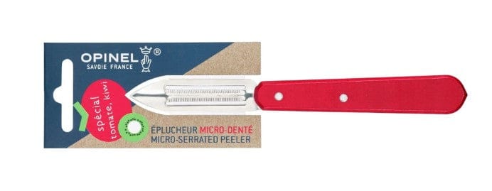 The Opinel No.115 Micro-Serrated Stationary Peeler features a red handle, comes in packaging labeled Special for Kiwi with French and English text, and includes a cardboard backing.