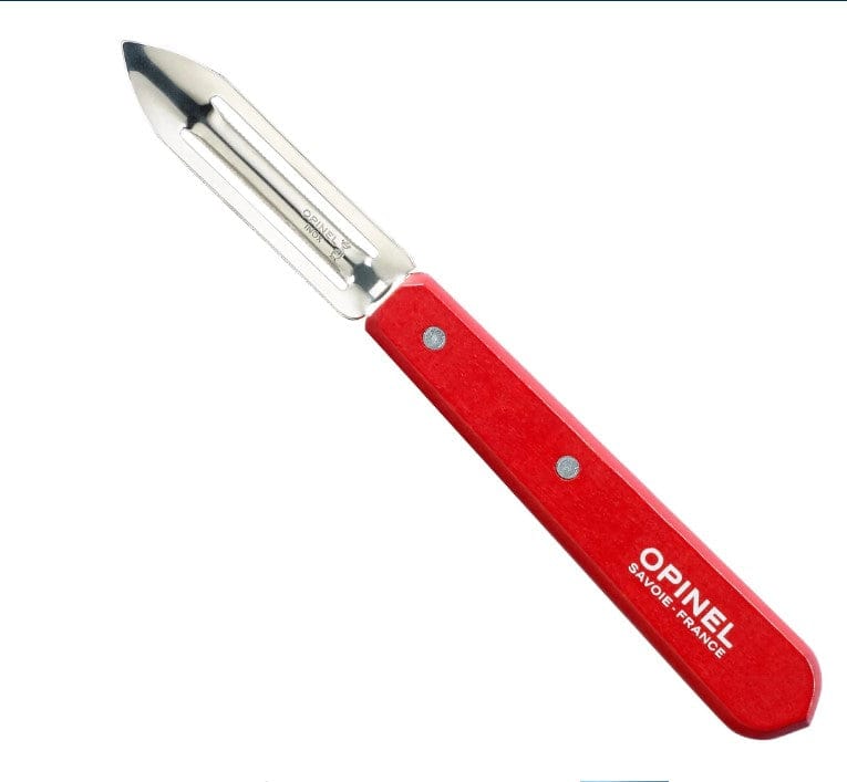 The Opinel No.115 Micro-Serrated Stationary Peeler features a red handle with the Opinel brand name in white and a precision micro-serrated stainless steel blade, preferred by professional chefs.
