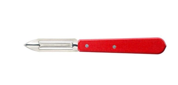 The Opinel No.115 Micro-Serrated Stationary Peeler features a metal body, red handle with two rivets, and a micro-serrated blade, shown isolated on a white background.