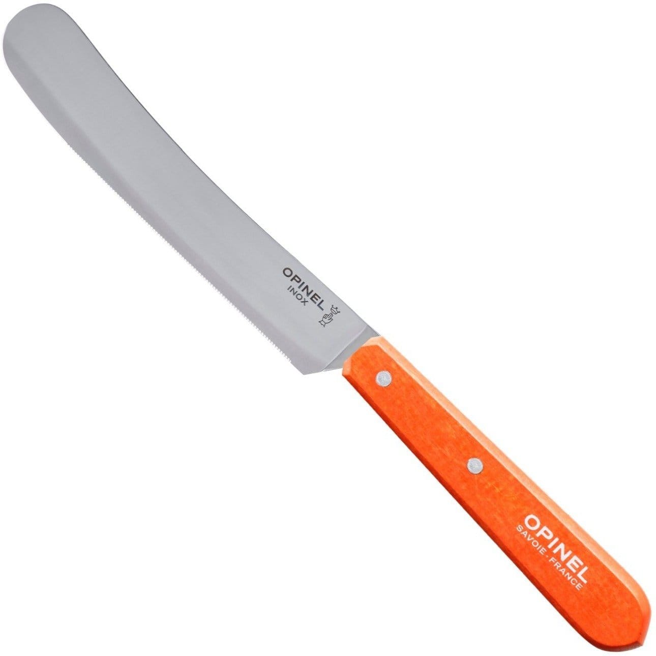 An Opinel Brunch Spreading Knife with an orange handle and a serrated stainless steel blade, ideal for a picnic. The blade is marked "OPINEL INOX".