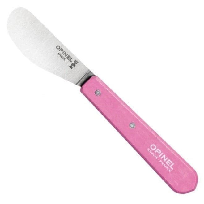 The Essential Spreading Knife by Opinel boasts a high carbon stainless steel blade and a pink wooden handle, elegantly inscribed with "Opinel Savoy France," embodying a classic design.