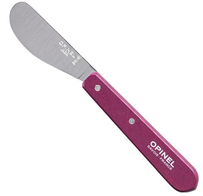 The Essential Spreading Knife - Individual by Opinel features a classic design with a purple handle and a high carbon stainless steel blade.