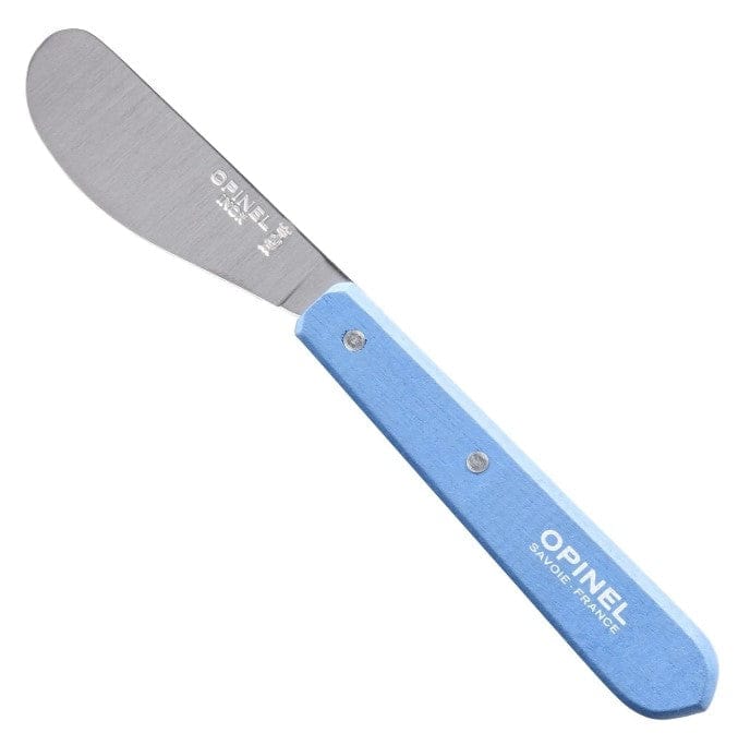 Opinel's Essential Spreading Knife features a classic design with a light blue handle and high carbon stainless steel blade, showcasing its brand name and origin marks.