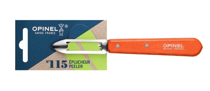 The Opinel Essential Stationary Peeler is a versatile kitchen tool with a wooden handle and stainless steel blade, all neatly attached to its packaging.