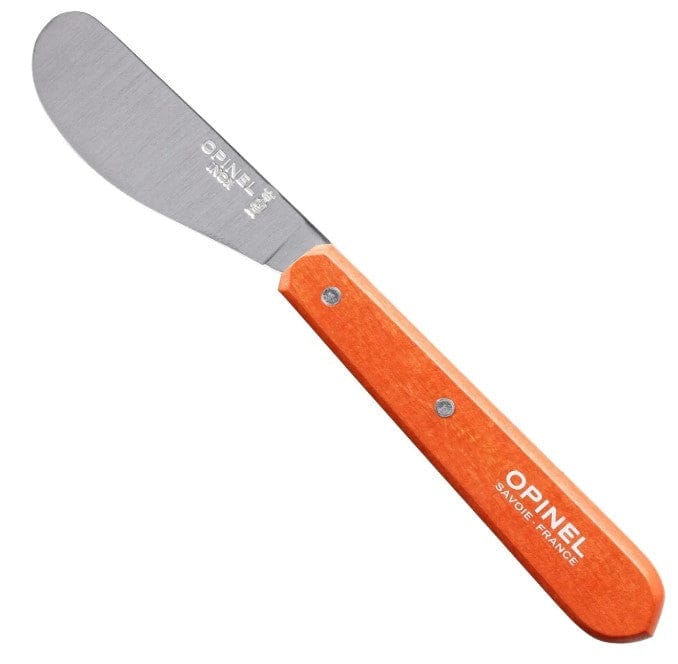 The Opinel Essential Spreading Knife showcases a classic design with a wooden handle and flat high carbon stainless steel blade, labeled "Opinel Savoie France.