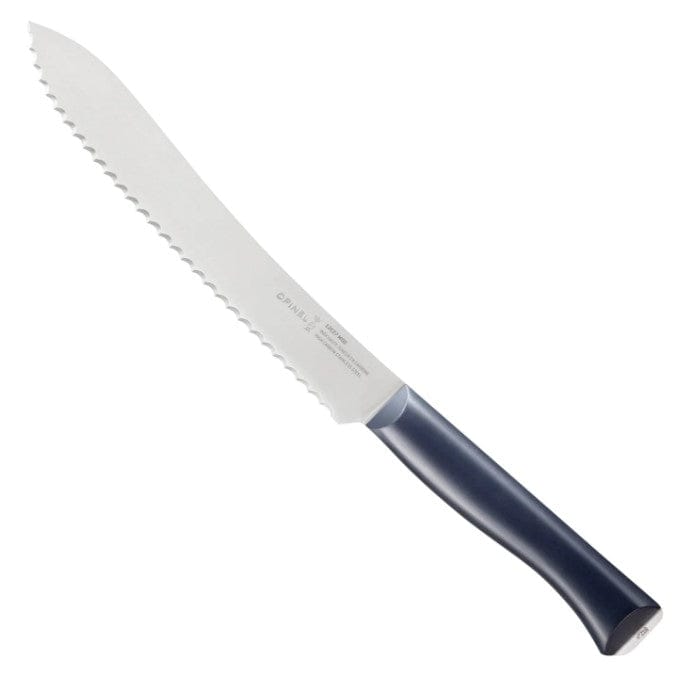 The Opinel Bread Knife OPINEL USA Intempora 8 features a serrated Sandvik stainless steel blade and a dark blue ergonomic handle, displayed against a plain white background.