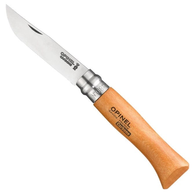 The No.08 Opinel Folding Knife by Opinel includes a wooden handle, Virobloc® safety ring, and a stainless steel blade.