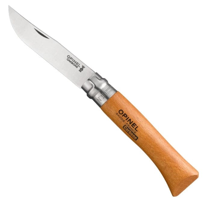 The No.10 Opinel Folding Knife features a high carbon steel blade and wooden handle, marked with the Opinel logo, and includes the Virobloc® safety ring for added security during use.