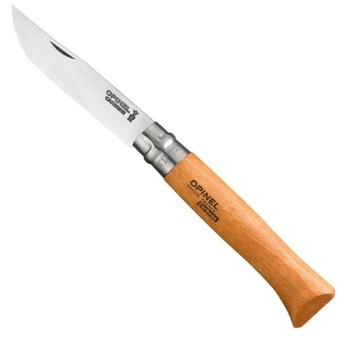Introducing the No.12 Opinel Folding Knife by Opinel, featuring a carbon steel blade and a wooden handle—ideal for adventurous outings.