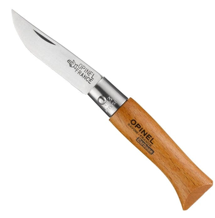 The Opinel No. 03 Folding Knife features a carbon steel blade engraved Opinel France and a beech wood handle marked Opinel Savoie France. The classic knife, shown partially open, reflects Opinels iconic design.