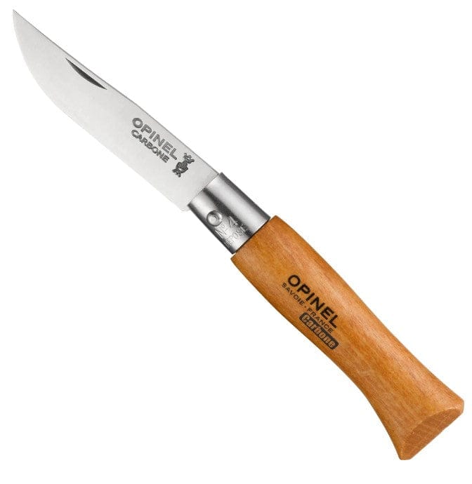 The No.04 Opinel Folding Knife features a partially open steel blade and a beech wood handle perfect for everyday carry, inscribed with "Opinel Savoy France.