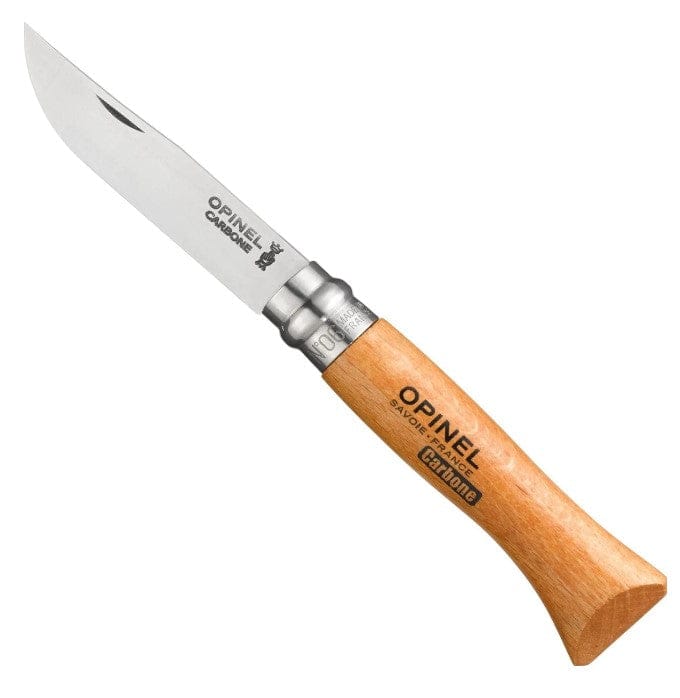 The No.06 Opinel Folding Knife, featuring a wooden handle and high carbon steel blade, is showcased open with the Virobloc safety ring for added security.