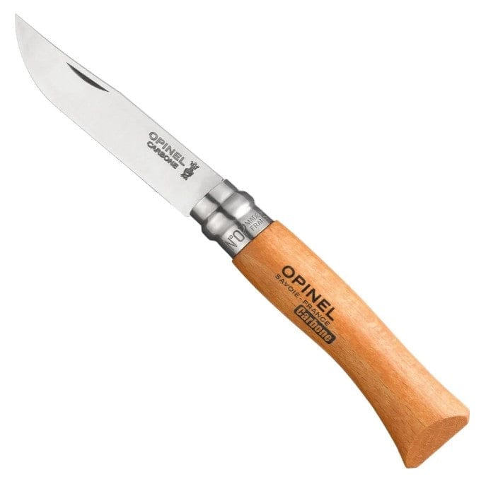 No.07 Opinel Folding Knife by Opinel, featuring a wooden handle and a carbon blade, partially opened.