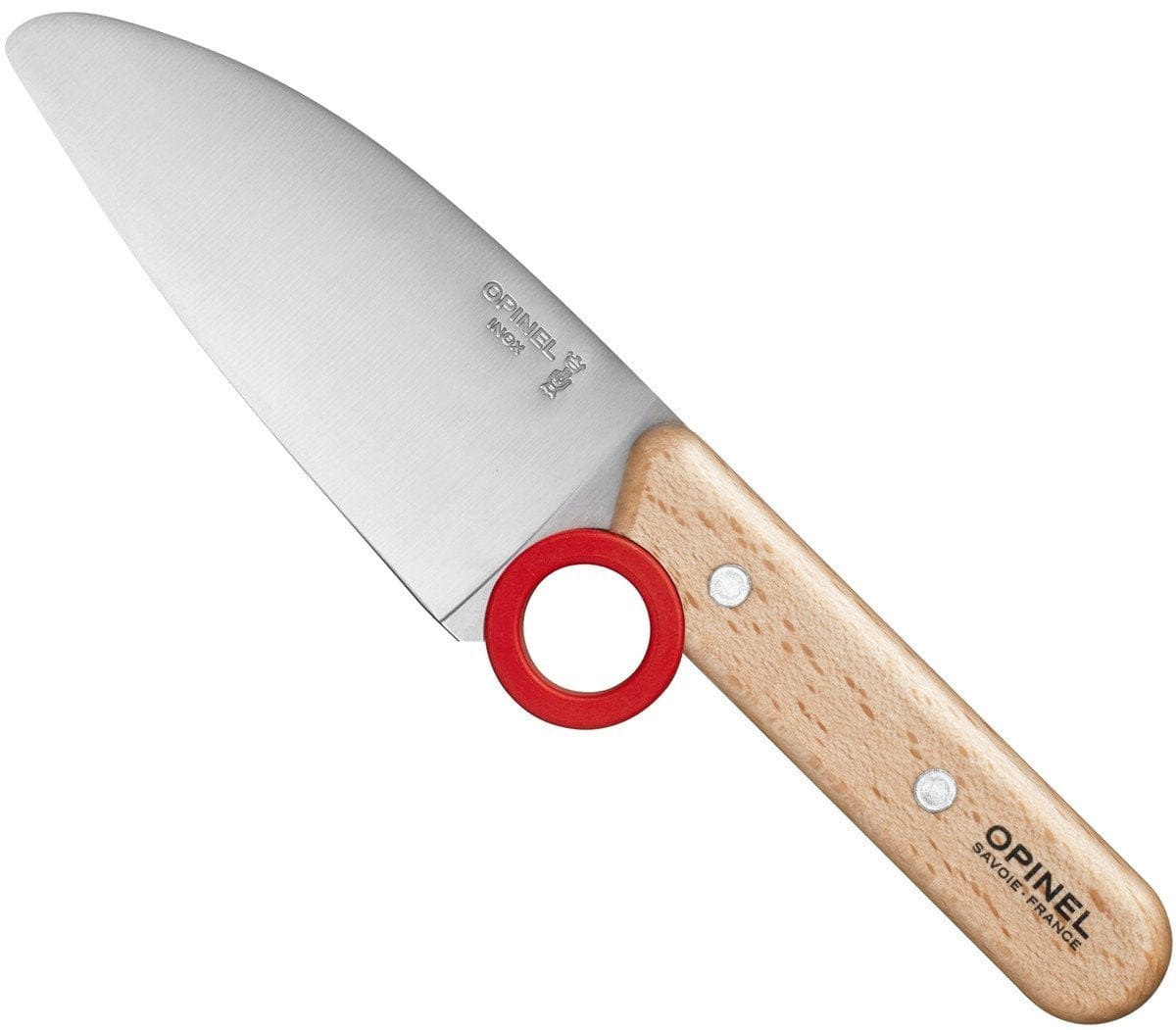 Opinel's Le Petit Chef is a small educational kitchen knife designed for children's cooking safety, featuring a wooden handle, a stainless steel blade, and a red ring near the base bearing the brand name "Opinel.