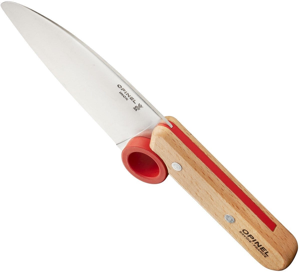 The "Opinel Le Petit Chef" is an educational kitchen knife designed for children's cooking safety. It features a wooden handle, a stainless steel blade, and a red finger guard, making it ideal for young chefs.