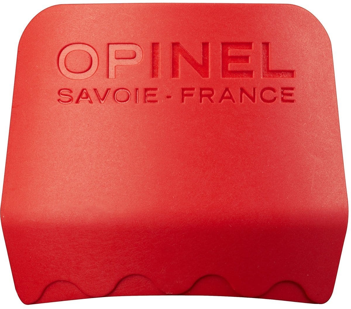 Red sheath for Le Petit Chef knives with embossed text that reads "Opinel Savoie-France," designed to accommodate their stainless steel blades.