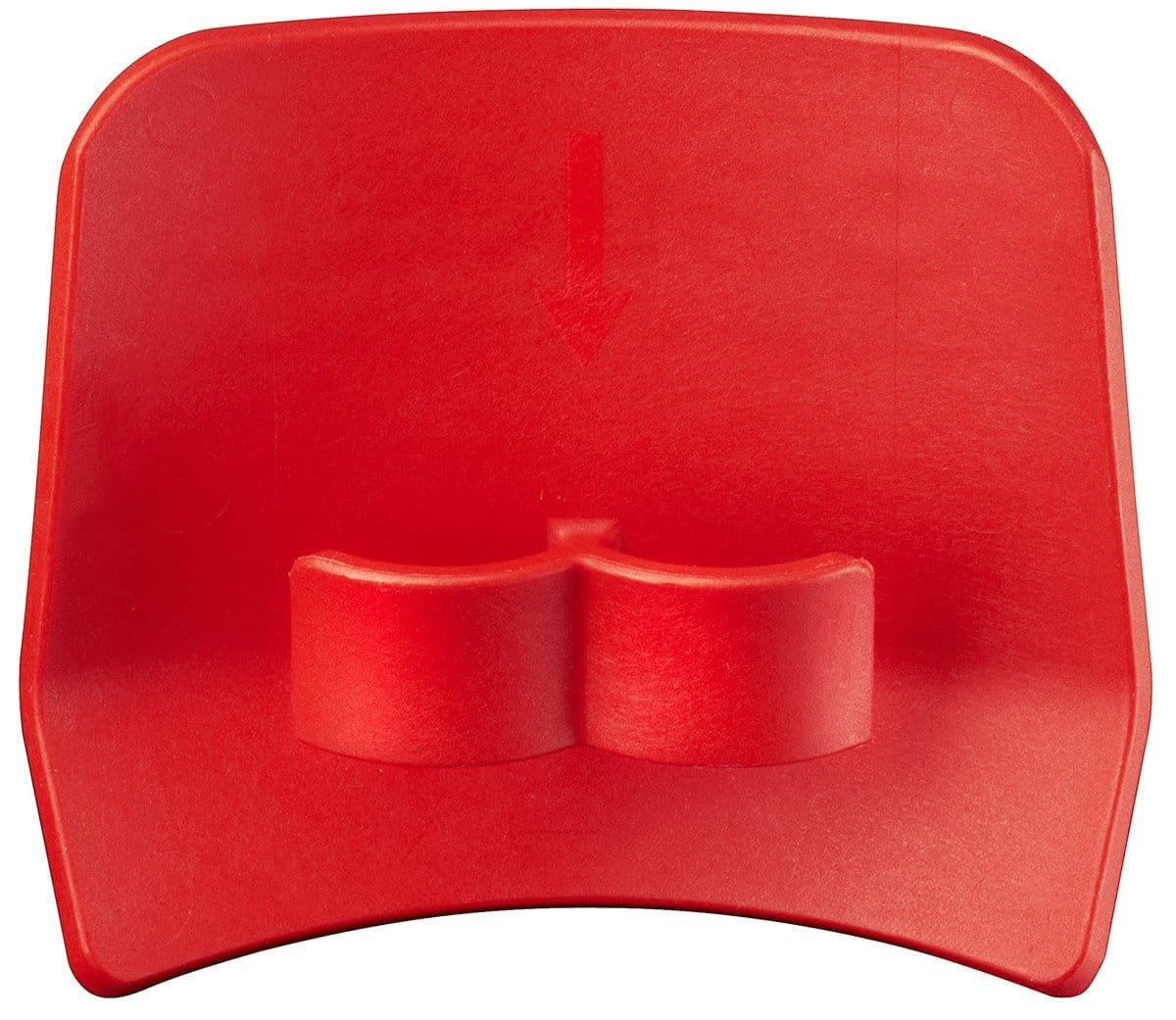 The Opinel Le Petit Chef is a red plastic item with an arrow pointing downwards and a raised, double-lobed design in the center, ideal for guiding the use of children's cooking safety tools.