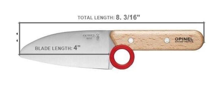 Image of the Opinel Le Petit Chef educational kitchen knife featuring a wooden handle. The total length of the knife is 8 3/16 inches, with a stainless steel blade that measures 4 inches.