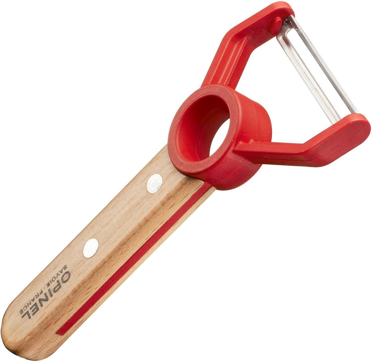 An Opinel Le Petit Chef vegetable peeler featuring a wooden handle with red accents and a rotating stainless steel blade for peeling.