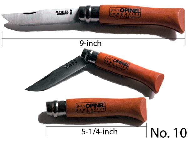 Displayed are three Opinel knives: a 9-inch open knife with a high carbon steel blade, a partially open No.10 Folding Knife featuring the Virobloc® safety ring, and a closed one. Each has a wooden handle and strong steel craftsmanship ensuring reliable use.