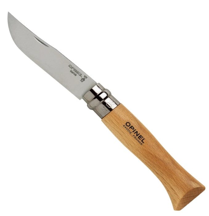 The No.08 Opinel Folding Knife, by Opinel, features a wooden handle and No.08 Carbon Steel blade with a Virobloc® safety ring, shown against a white background for added security.