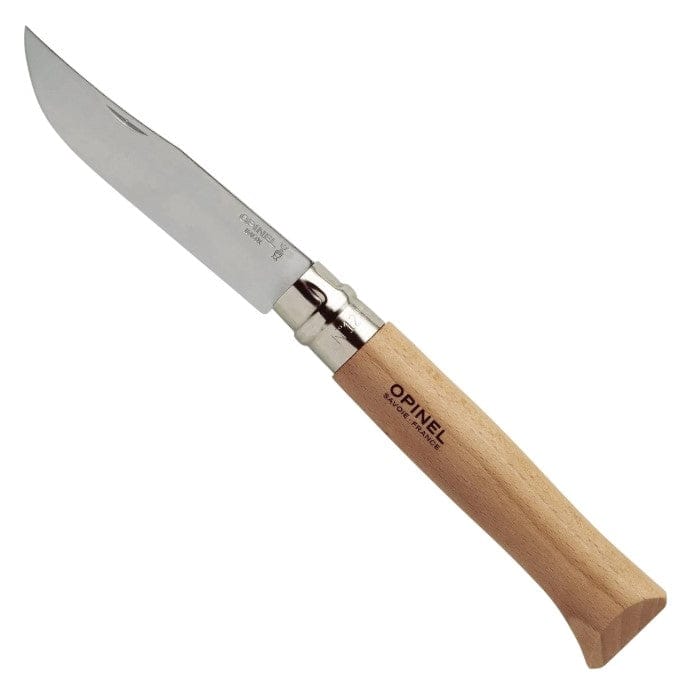 A partially open No.12 Opinel Folding Knife with a wooden handle displays the Opinel brand name. The camping knife features a curved, stainless steel blade designed for durability.
