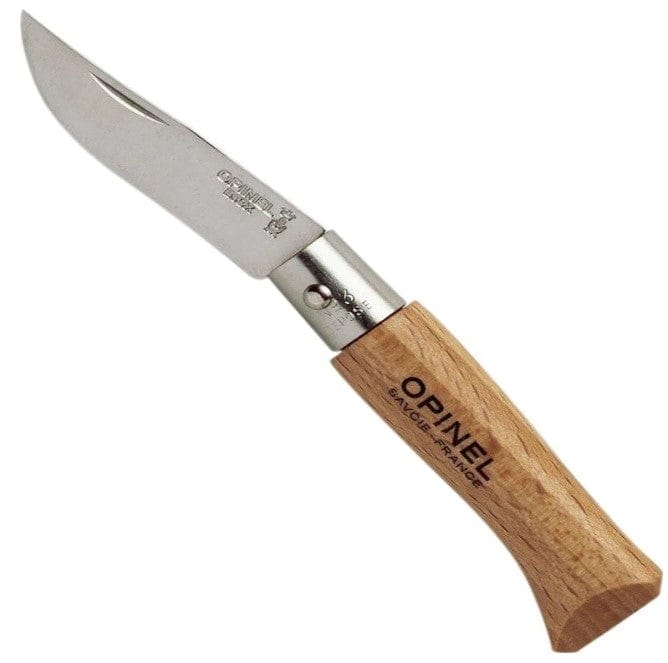 A partially open Opinel No. 03 Folding Knife with an engraved beech wood handle and stainless steel blade is shown against a white background.