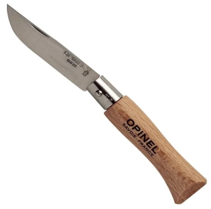 The No.04 Opinel Folding Knife features a beech wood handle and a shiny blade engraved with "Opinel," "Inox," and "France," showcasing the brand name prominently—an ideal choice for everyday carry.