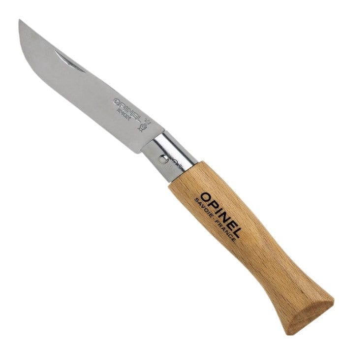 The No.05 Opinel Folding Knife features a beech wood handle and stainless steel blade, making it perfect for everyday carry, and proudly displays the "Opinel Savoie France" branding.