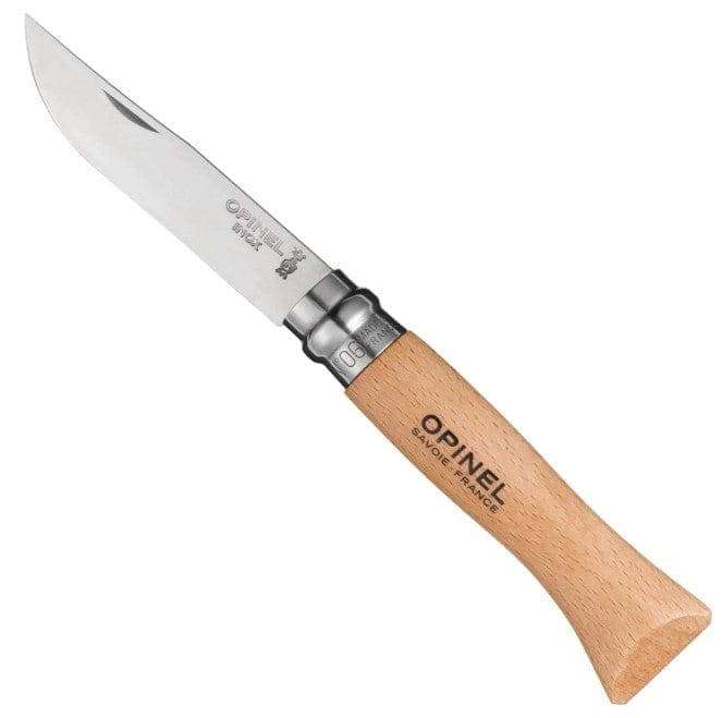 The No.06 Opinel Folding Knife by Opinel features a wooden handle, high carbon steel blade, Virobloc safety ring, and a partially open blade.