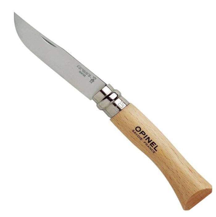 A No.07 Opinel Folding Knife, featuring a stainless steel blade that is partially opened and a wooden handle engraved with "Opinel Savoie France," marking its authenticity as an Opinel product.