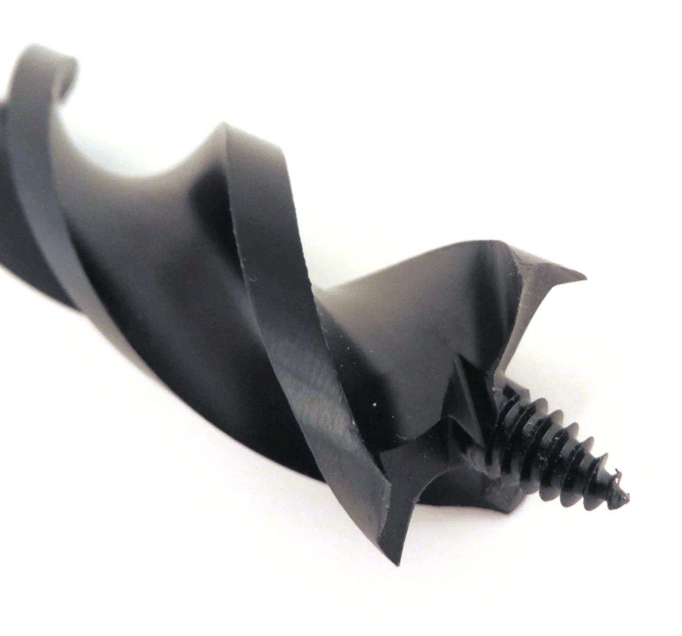 Close-up of a black OWL Wood Owl Ultra Smooth Tri-Cut Auger Bit 7-1/2-in, made from high-carbon steel with a sharp tip and spiral grooves for ultra-smooth drilling.