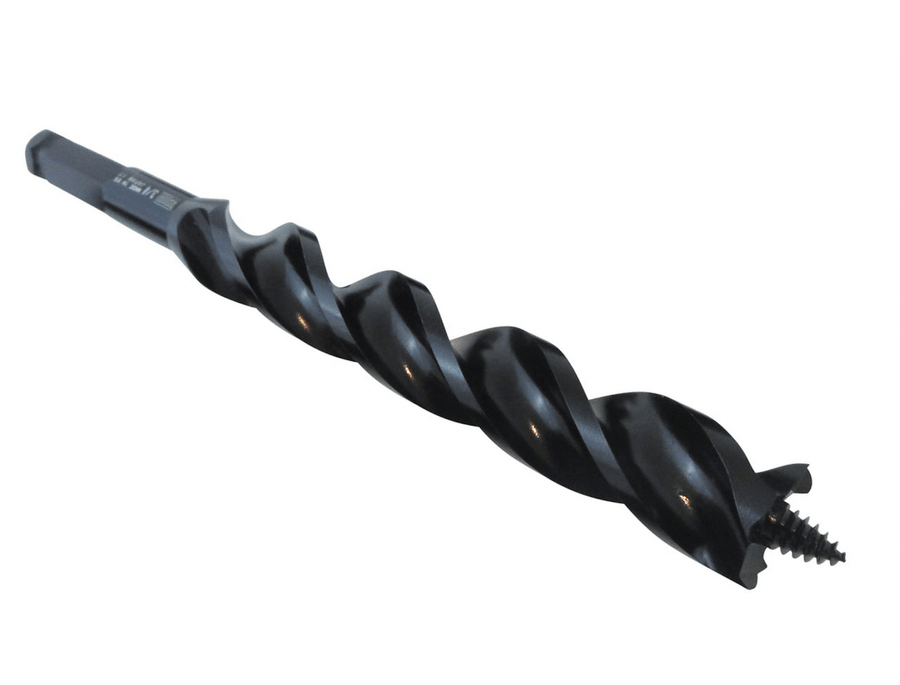 The OWL Wood Owl Ultra Smooth Tri-Cut Auger Bit 7-1/2-in, made of high-carbon steel, features a black spiral design and pointed tip for seamless wood drilling.