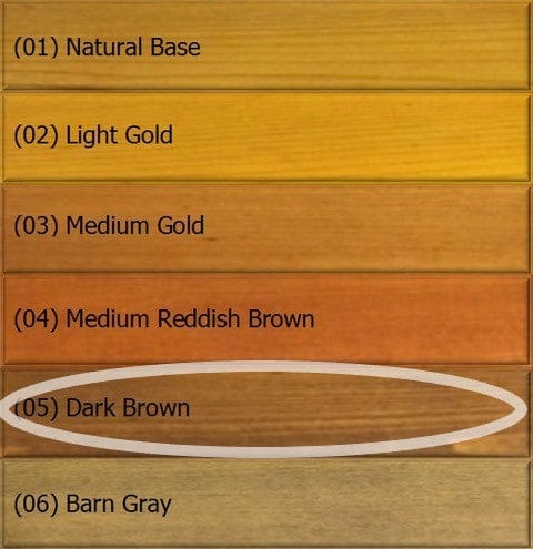 Wood stain color options for Q8 LOG OIL by OUT, labeled from top to bottom: Natural Base, Light Gold, Medium Gold, Medium Reddish Brown, Dark Brown (highlighted), and Barn Gray. These options also provide exterior wood preservation and water-repellent properties.