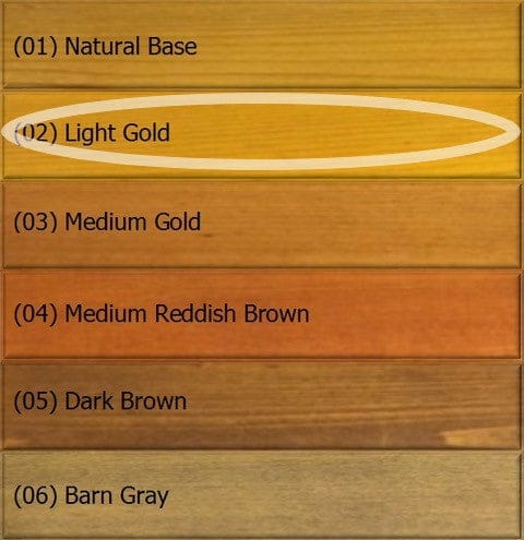 Introducing the Q8 LOG OIL by OUT, featuring a color palette with six stunning wood stain options: Natural Base, Light Gold (highlighted), Medium Gold, Medium Reddish Brown, Dark Brown, and Barn Gray—ideal for exterior wood preservation.